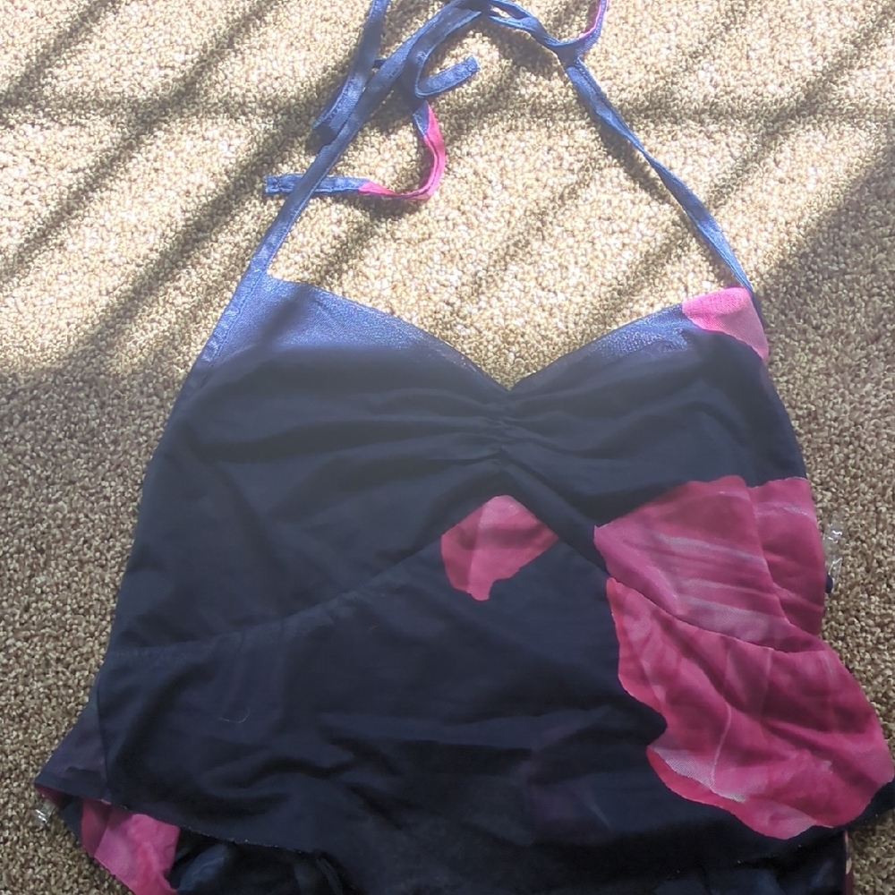Fashion Nova Navy Blue Halter Tank with Pink Floral Accent